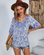 Casual Lace-up Single-breasted Tops Print V Neck Blouse Half Sleeve Wholesale Bohemian Clothing