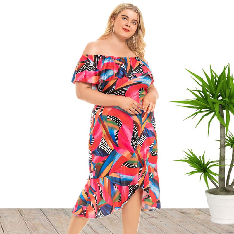 Summer Off Shoulder Short Sleeve Ruffle Printed Curve Dresses Vacation Wholesale Plus Size Clothing