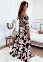 Floral Printed Off Shoulder Puff Sleeve Sexy Holiday Ruffled Dress Vacation Wholesale Maxi Dresses