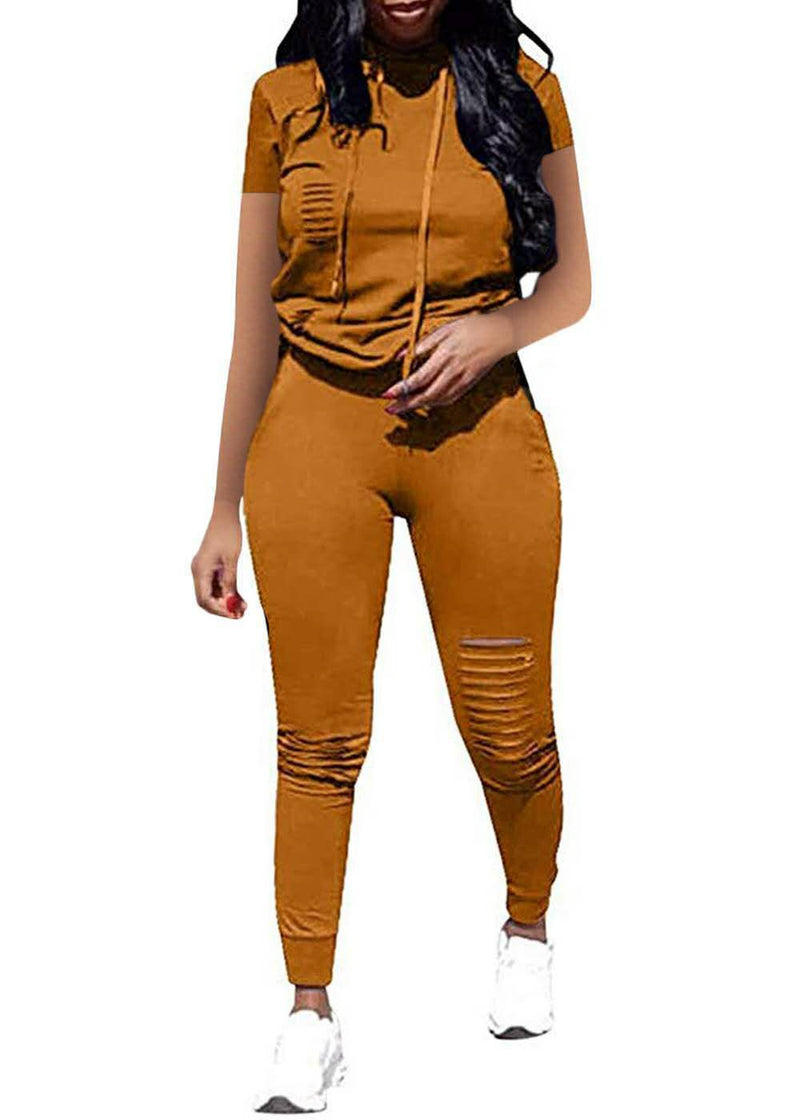 Solid Color Short Sleeve Tops With Hooded & Pants Activewears Womens 2 Piece Sets Wholesale Wholesale Workout Clothes