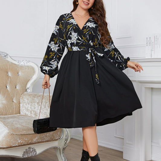 Long Sleeve Floral Print Tie-Up Curvy Dresses Wholesale Plus Size Clothing