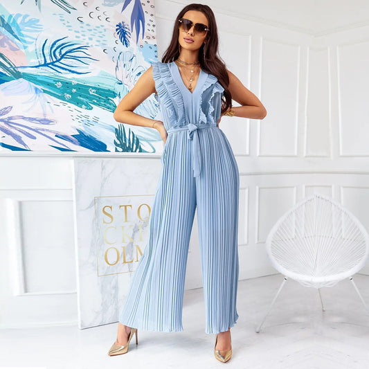 Pleated Sleeveless V Neck Ruffle Hem Wholesale Jumpsuits For Women