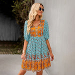 Sexy V Neck Lace Up Print Bohemian Dress For Women Loose Short Sleeve Swing Wholesale Dresses