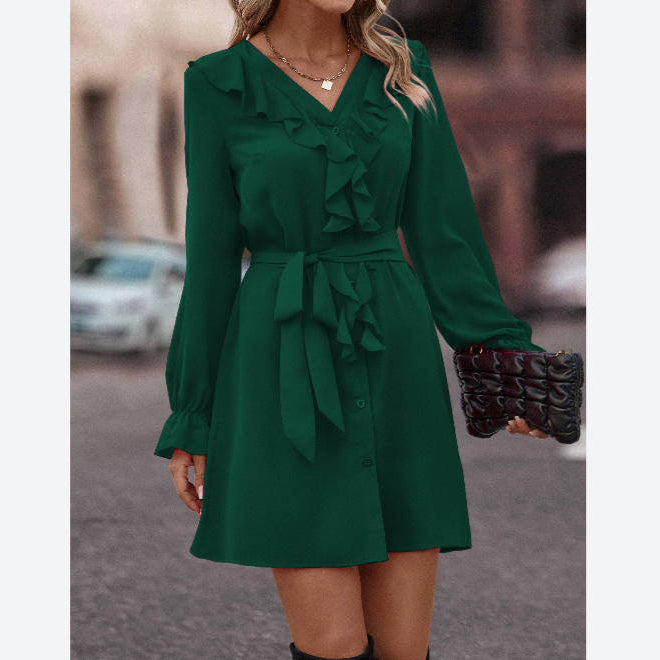 Solid Color Ruffled V-Neck Long Sleeve Tie-Up Dress Wholesale Dresses