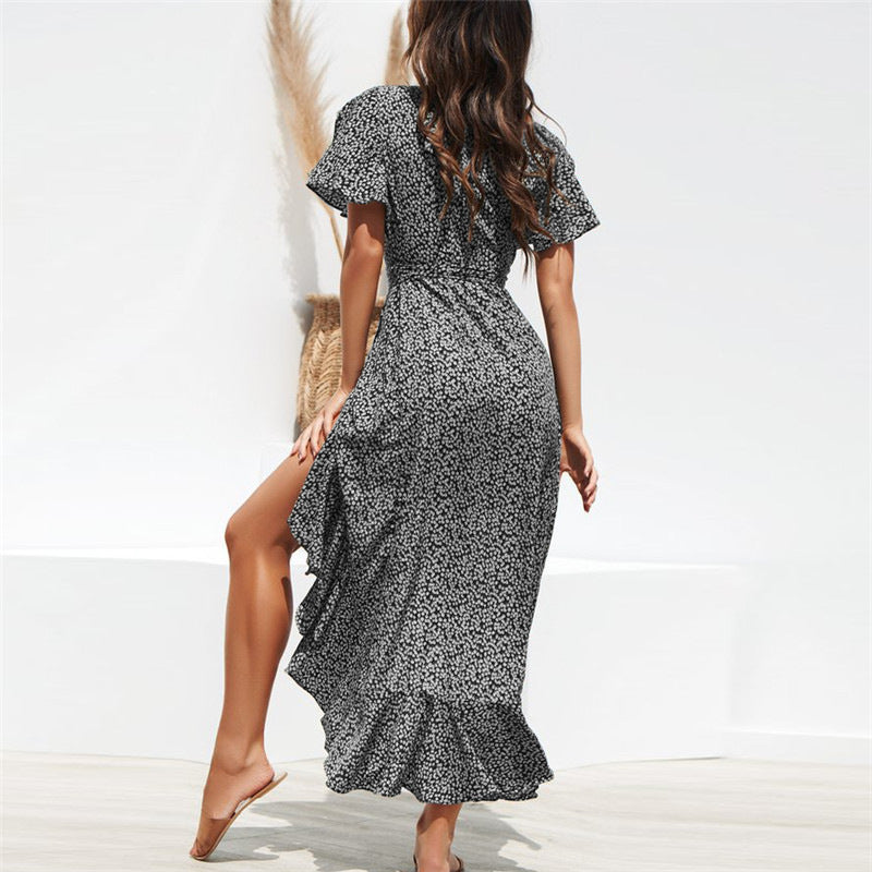 Polka Dot Print V-Neck Irregular Slit Vacation Lace-Up Chiffon Ruffle Dress Sexy Wholesale Dresses