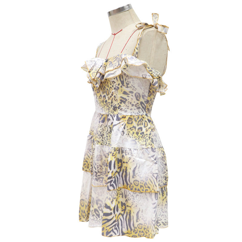 Leopard Print Lace-Up Sling Ruffle Dress Sexy Summer Wholesale Mini Dresses