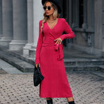 V-Neck Fashion Lace-Up Solid Color Knitted Wrap Dress Wholesale Dresses