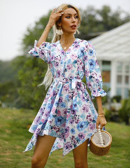 Floral Printed Half Sleeve V Neck Tie-Up Waist Irregular Hem Dress Casual Wholesale Dresses