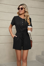 Solid Color Loose Short Sleeve Tie Pocket Rompers Wholesale Jumpsuits