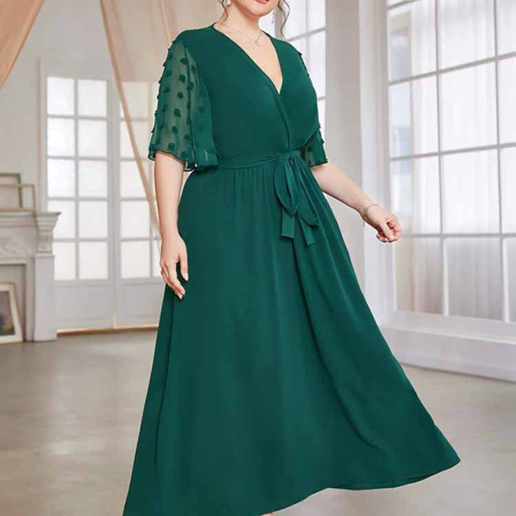 Tie-Up Waist Jacquard Sleeve Curvy Maxi Dresses Wholesale Plus Size Clothing