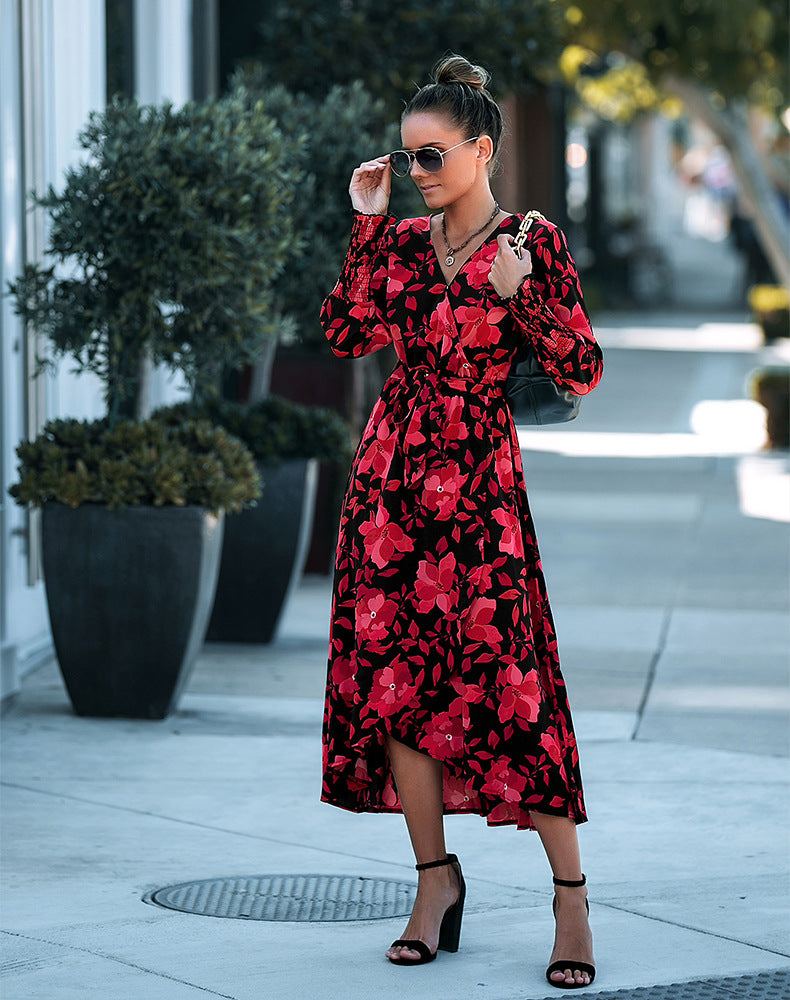 V-Neck Floral Print Long-Sleeve Wrap Dress Wholesale Dresses