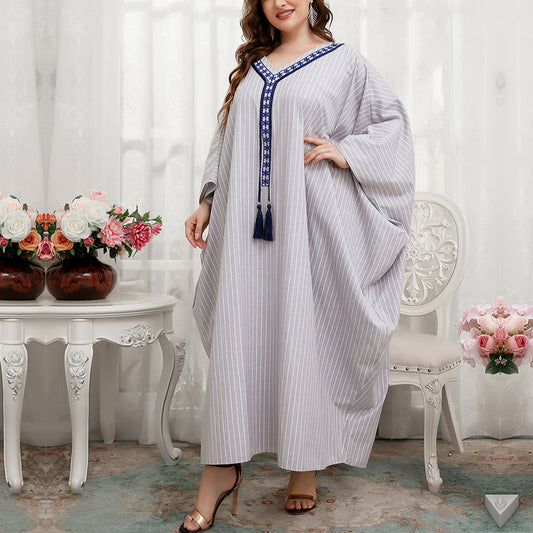 Casual Embroidered Fringe Striped Bat Sleeve Loose Maxi Dress Wholesale Plus Size Clothing