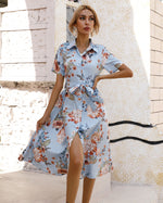 Floral Print Single-Breasted Lace-Up Short Sleeve Elegant Lapel Midi Shirtdress Wholesale Shirt Dresses