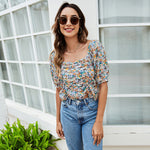 Sexy Square Collar Shirt Casual Half Sleeve Smocked Print Wholesale Crop Tops