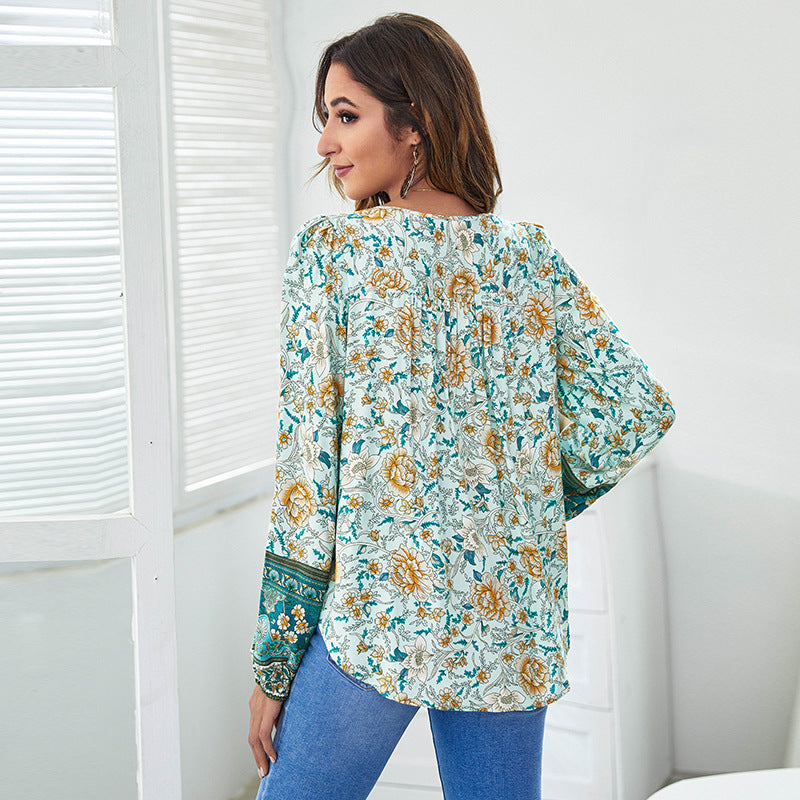 V-Neck Printed Loose Lantern Sleeve Top Sweatshirt