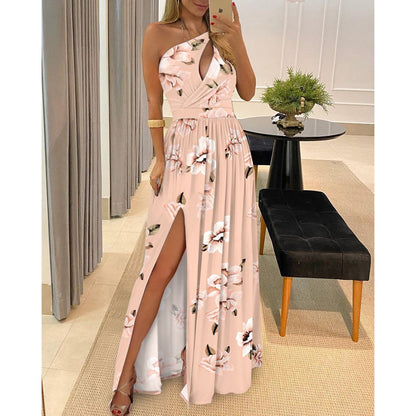 Slanted Shoulder Cutout Sleeveless Waist High Slit Swing Dress Sexy Wholesale Maxi Dresses