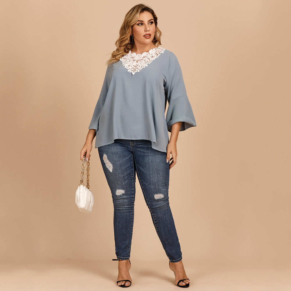 Trumpet Sleeve Lace V-Neck Loose Top Women Wholesale