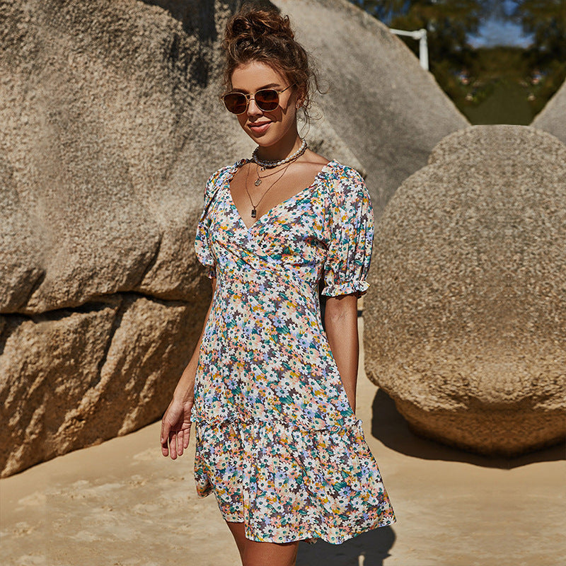 V Neck Fashion Floral Printed Wholesale Dresses Casual Style