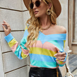 Sexy Striped Contrast V-Neck Long Sleeve Knitted Sweater Wholesale Women Clothing