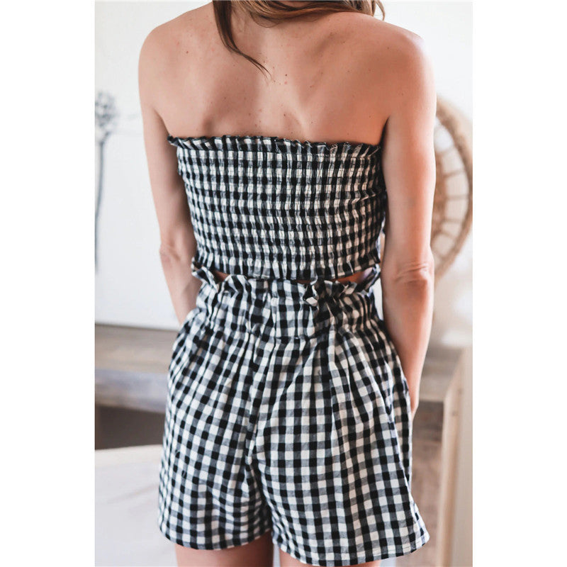 Plaid Print Sexy Wrap Chest Bowknot Tube Tops & Shorts Vacation Wholesale Womens 2 Piece Sets