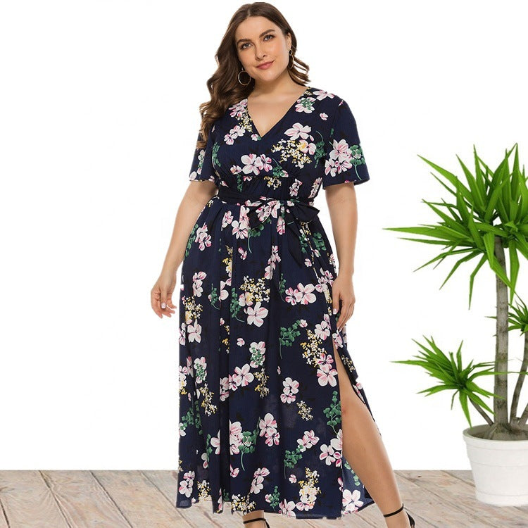 Floral Print V Neck Elegant Curve Dresses Lace Up Short Sleeve Vacation Flowy Dress Wholesale Plus Size Clothing