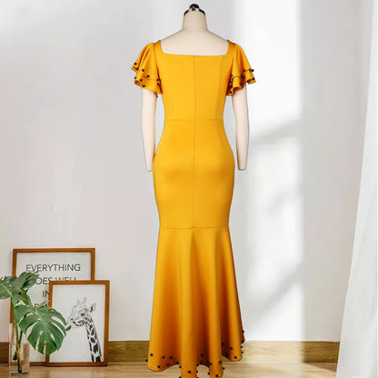 U-Neck Flounce Sleeves High Waist Slim Beaded Evening Dress Vintage Wholesalers