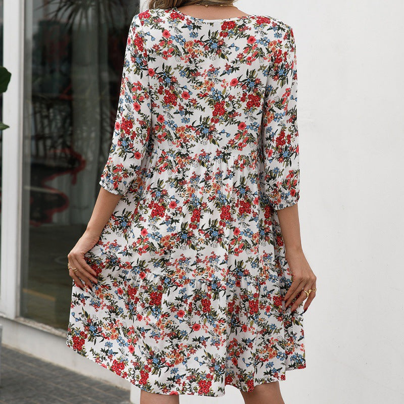 Half Sleeve Floral Dress Wholesale V Neck Loose Casual Style
