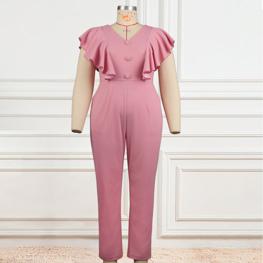 Plus Size Pink V Collar Button High-Waist Wide-Legged Pants Jumpsuit Body Suit