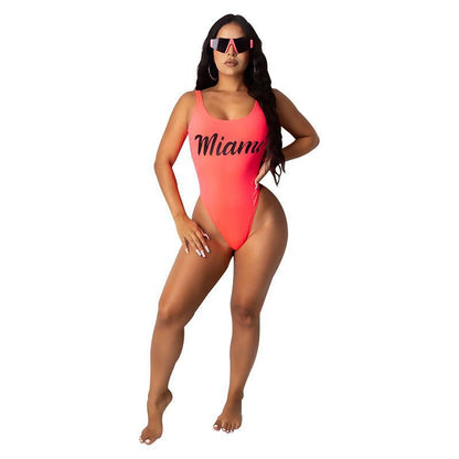 Letter Print Sport Bodysuit Beach Bathing Suit Swim Bikini One Piece