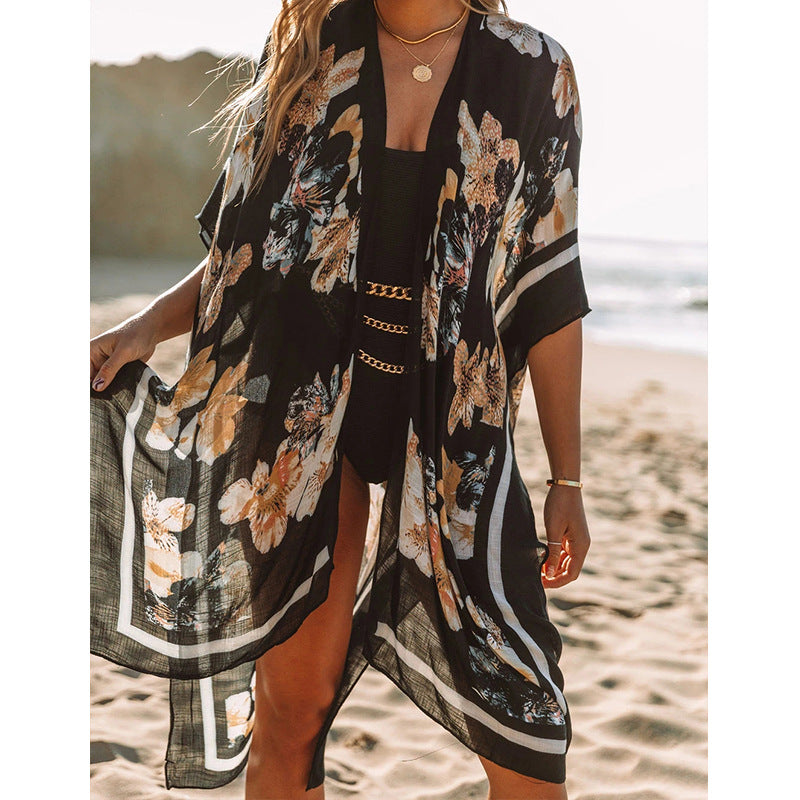 Slit Chiffon Print Beach Sunscreen Blouse Women Wholesale