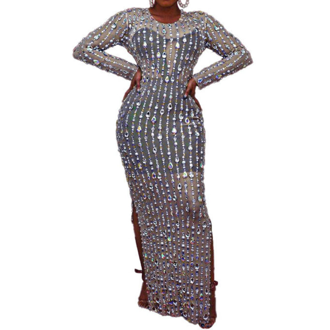 Long Sleeve Tight-Fitting Mesh Maxi Dress With Rhinestones