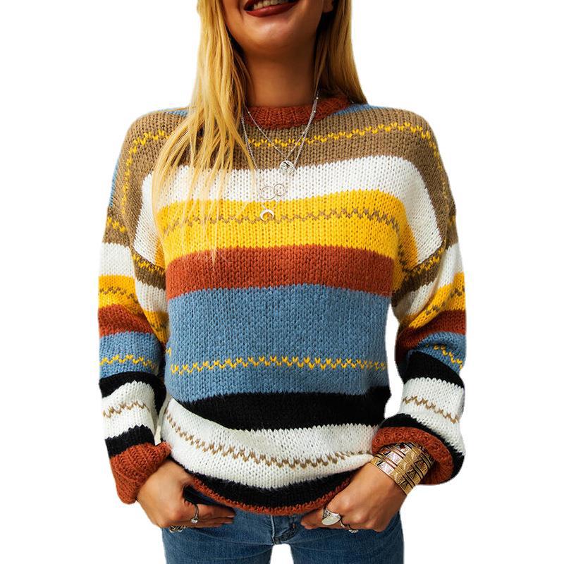 Colorful Striped Sweater Women'S Clothing Stores Round Neck