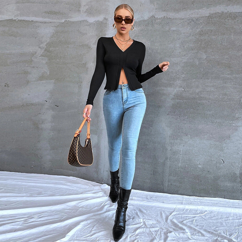 Solid Color Women T-Shirt Slit Design Wholesale Blouse Fashion V Neck