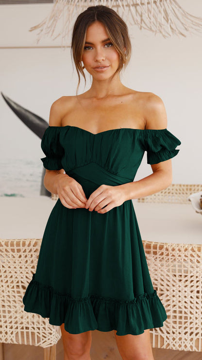 Solid Color Puff Sleeve Ruffles Short Sleeve Off Shoulder Tied Rope Wholesale Dresses Vacation