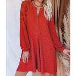 Solid Color Ribbed Buttoned Casual Dress
