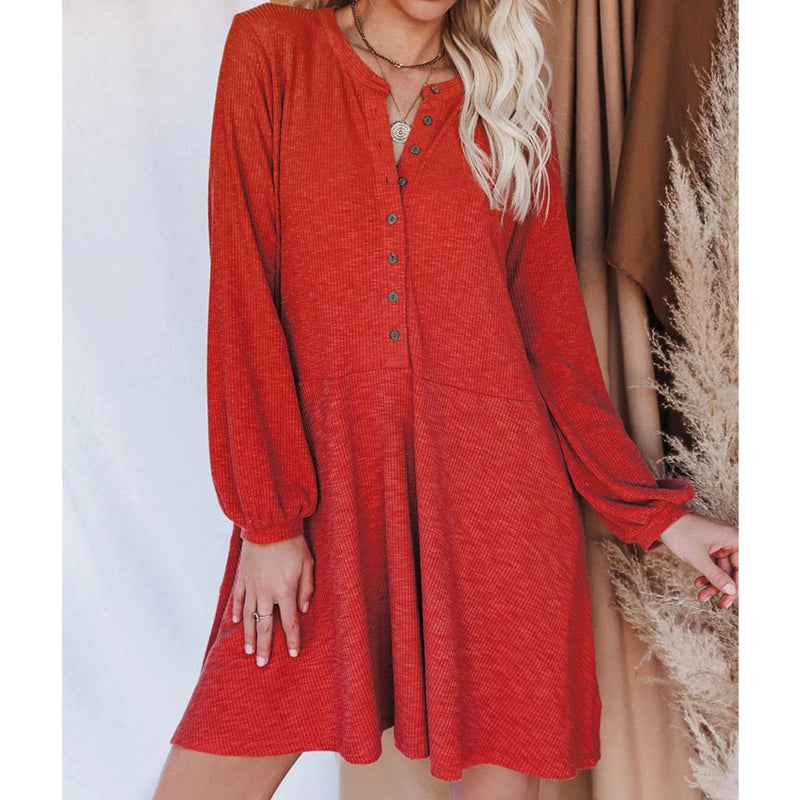 Solid Color Ribbed Buttoned Casual Dress