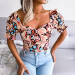 Summer Printed Sexy Square Neck Chiffon Back Elasticated Wholesale T Shirts Fashion Womens Tops