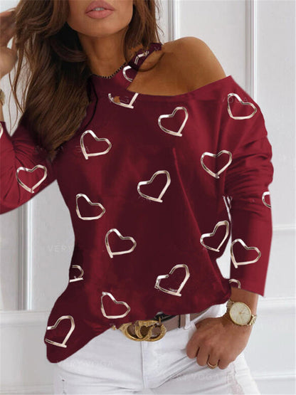 Heart Printed Halter Neck Off Shoulder Fashion Casual Long Sleeve Wholesale Blouse Womens T-Shirts