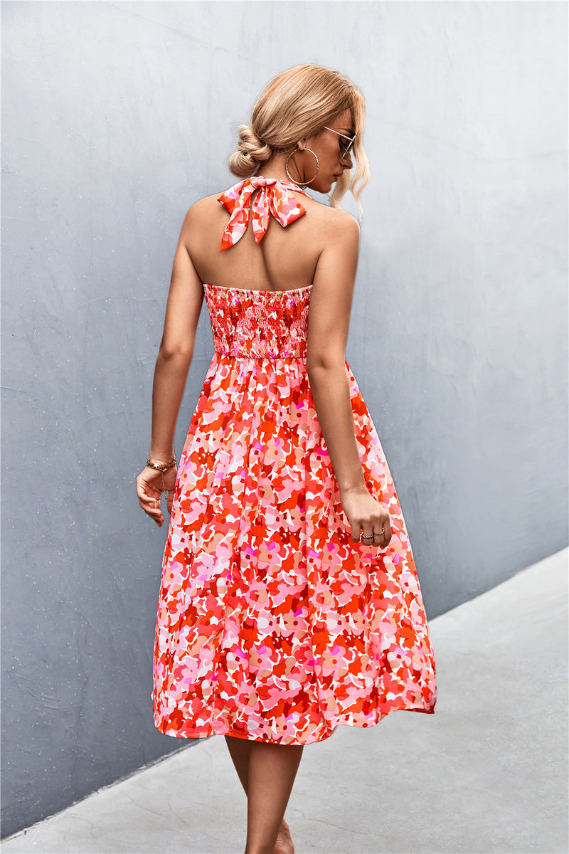 Halterneck Floral Printed Resort Off Shoulder Ruffled Dress Holiday Wholesale Dresses