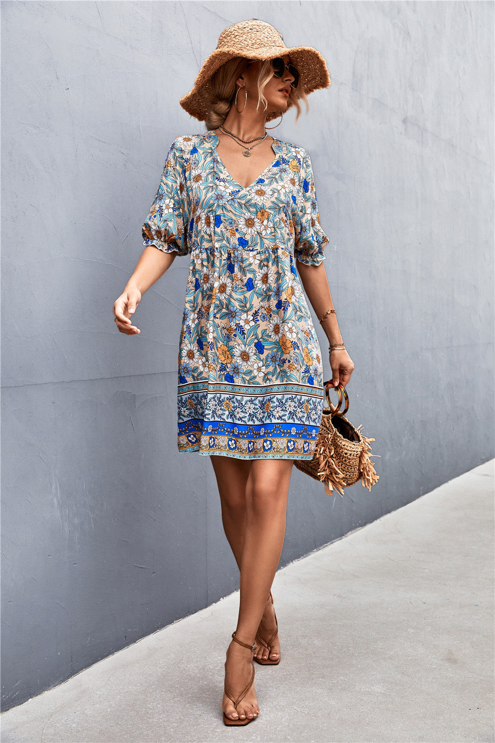 Boho Style Print Puff Sleeve V Neck Resort Dresses Sexy Wholesae Bohemian Dress For Women