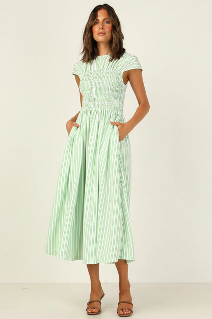 Striped Print Short Sleeve Pleated Wholesale Swing Dresses For Women