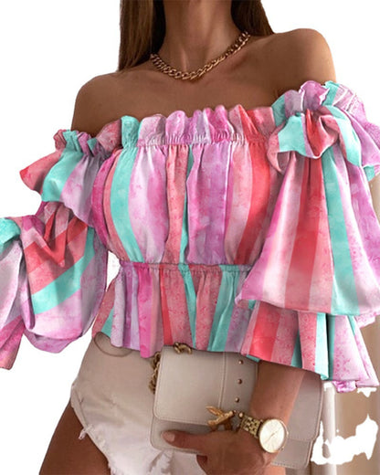 Fashion Off Shoulder Printed Sexy Ruffles Waist Elastic Shirts Wholesale Crop Tops ST531871