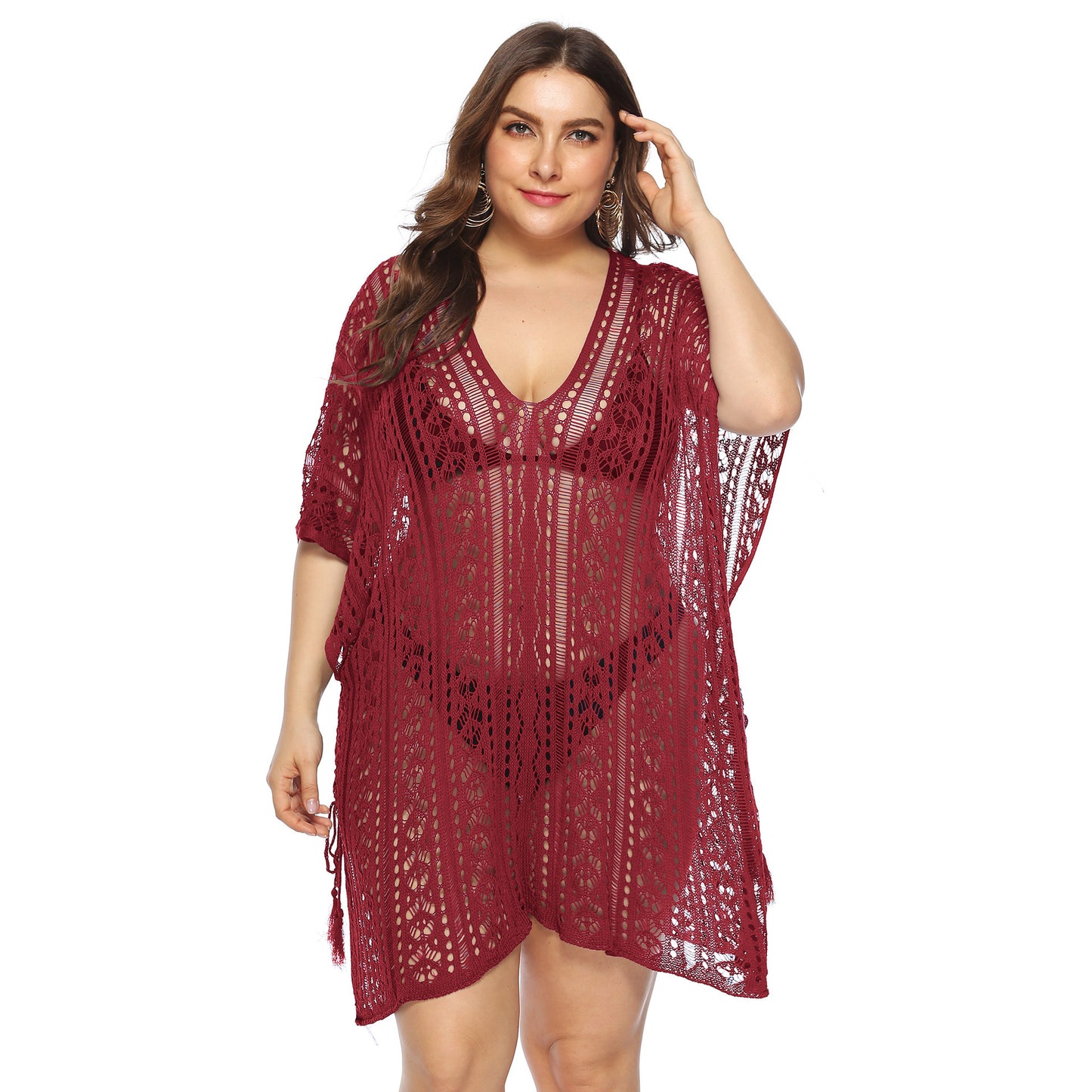 Sexy Cutout Knitted Bikini Cover Up V-Neck Slit Beachwear Curve Dresses Wholesale Plus Size Clothing