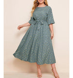Casual Printed Loose Dress Lace-Up Short Sleeve Midi Dresses Wholesale Plus Size Clothing