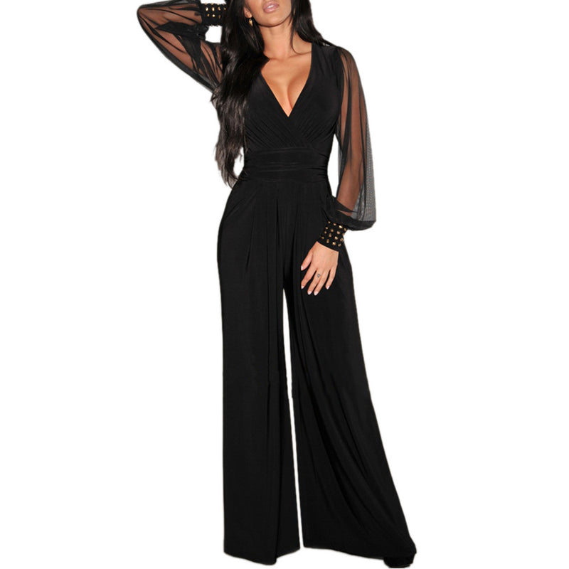 Mesh Rivet Stitching Sleeve Sexy Straight Jump Suit Wholesale Jumpsuits
