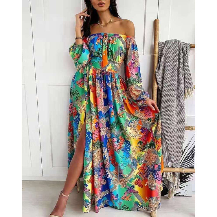 Sexy Wrap Print Slit Maxi Dress V Neck Off-Shoulder Long Sleeve Wholesale Dresses