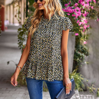 Floral Print Ruffled Stand Collar Shirt Short Sleeve Tunic Top Wholesale Womens Tops STN538029