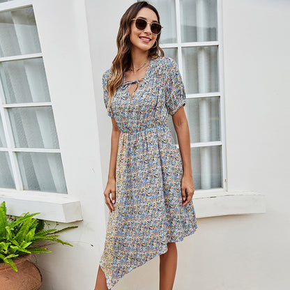 Short Sleeve Elastic Waist V Neck Wholesale Floral Dresses Asymmetrical Hem Flared Dresses Summer