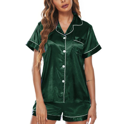 Short Sleeve Lapel Shirts & Shorts Satin Pajamas Plain Homewear Wholesale Loungewear Womens 2 Piece Set