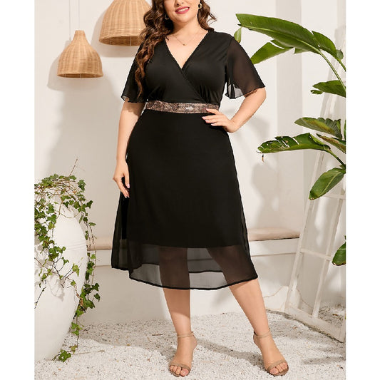 Wholesale Women'S Plus Size Clothing Commuting See-Through Stitching Short-Sleeved Dress